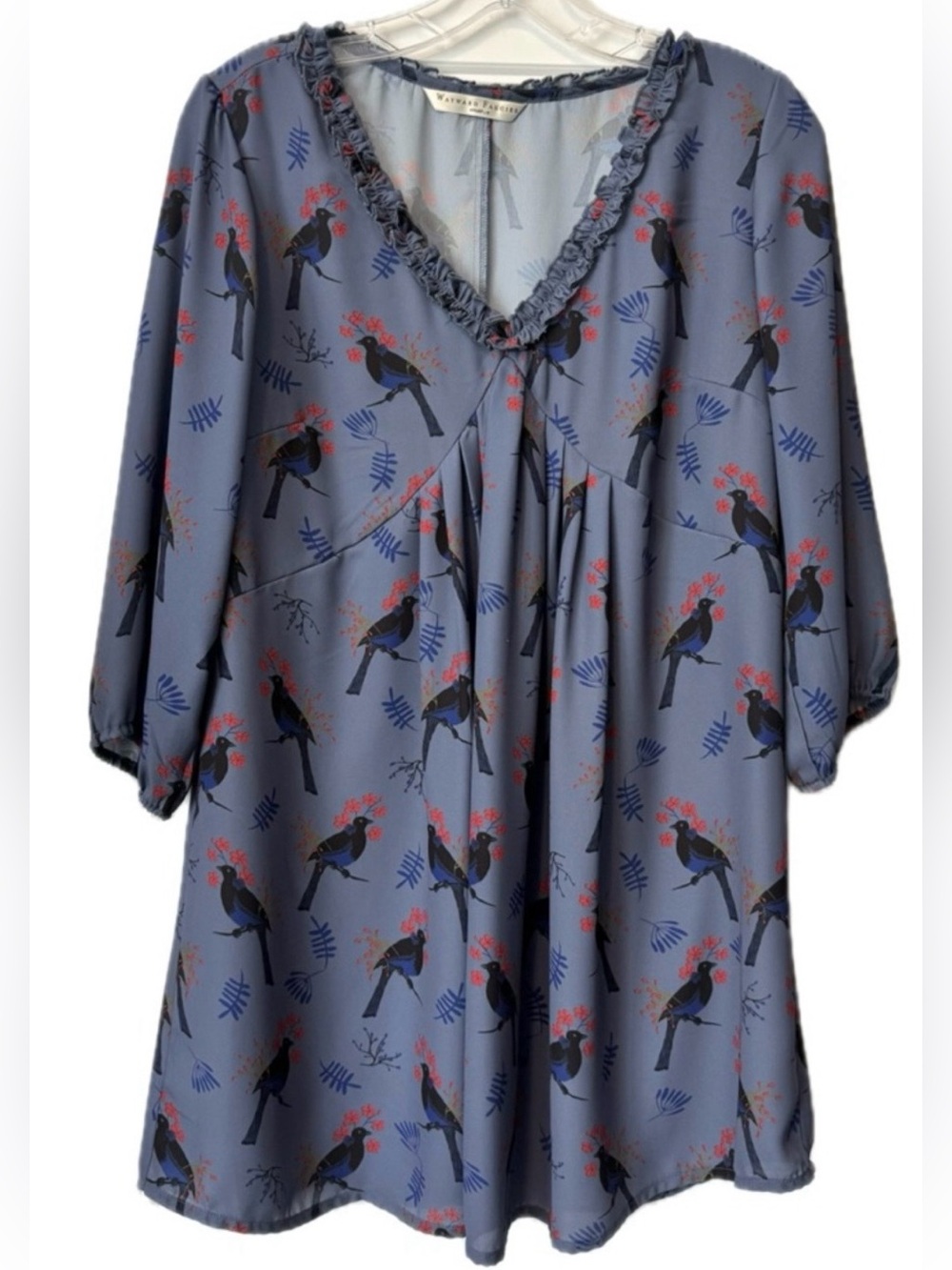 Wayward Fancies by eShakti Bird Print Mini Dress L Cottagecore Whimsical Boho